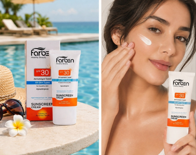 کرم ضد آفتاب بی رنگ فاربن SPF30 مناسب انواع پوست سبک و جذب سریع